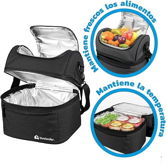 A Bluelander Lonchera Portátil para Adulto de Dos Pisos Aislamiento Térmico, Bolsa Hielera de Almuerzo para Hombre y Mujer con Asas, Correa Ajustable Para Hombro, Impermeable y Térmica (Negro).