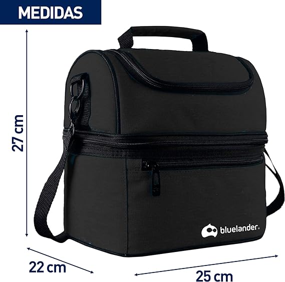 A Bluelander Lonchera Portátil para Adulto de Dos Pisos Aislamiento Térmico, Bolsa Hielera de Almuerzo para Hombre y Mujer con Asas, Correa Ajustable Para Hombro, Impermeable y Térmica (Negro).