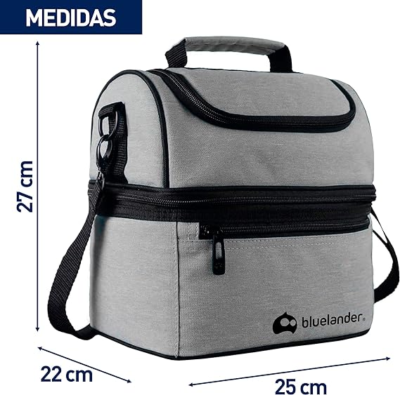 A Bluelander Lonchera Portátil para Adulto de Dos Pisos Aislamiento Térmico, Bolsa Hielera de Almuerzo para Hombre y Mujer con Asas, Correa Ajustable Para Hombro, Impermeable y Térmica (Negro)