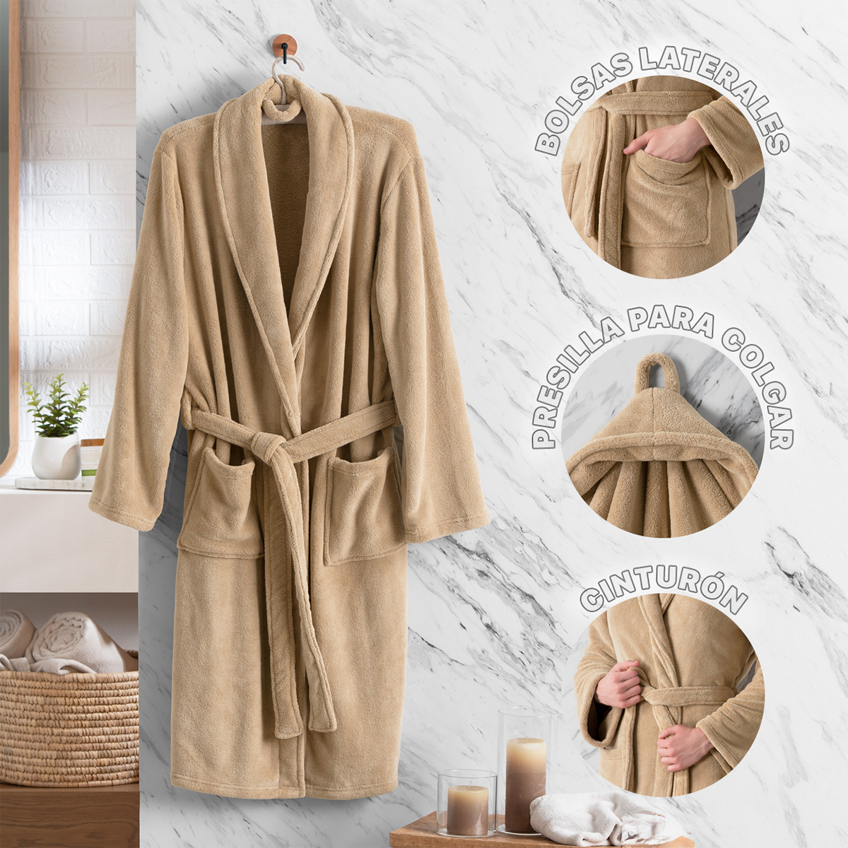 Bata de Baño para Mujer Absorbente Unitalla  Khaki REAL TEXTIL.