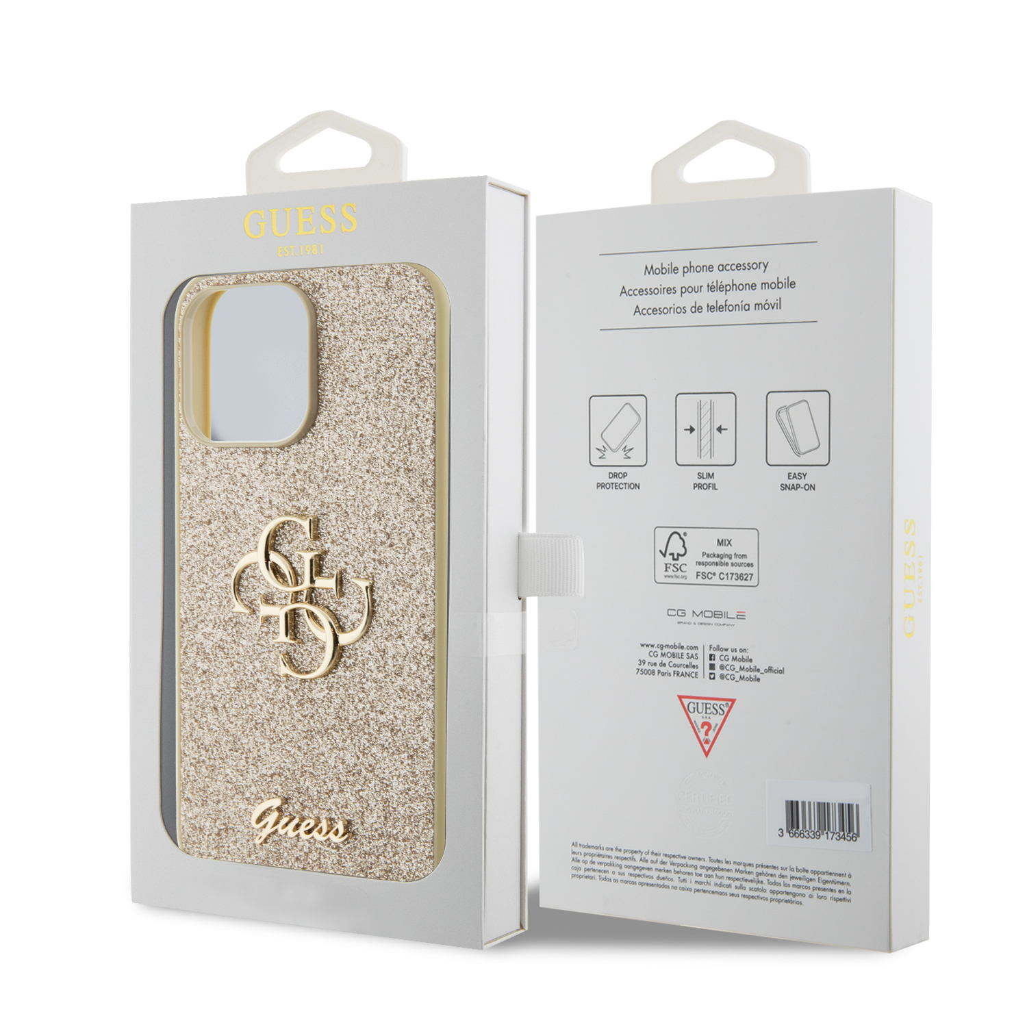 Funda Guess Brillos logo 4G Para iPhone 15 Pro Max Dorado