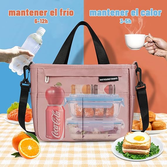 A Bolsa Del Almuerzo,con correa para el hombro Loncheras Portátil,Gran Capacidad,forro a prueba de fugas,para almuerzo, el trabajo, la oficina, para hombres, mujeres,Rosa