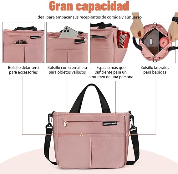 A Bolsa Del Almuerzo,con correa para el hombro Loncheras Portátil,Gran Capacidad,forro a prueba de fugas,para almuerzo, el trabajo, la oficina, para hombres, mujeres,Rosa