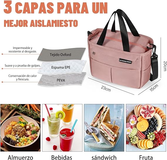 A Bolsa Del Almuerzo,con correa para el hombro Loncheras Portátil,Gran Capacidad,forro a prueba de fugas,para almuerzo, el trabajo, la oficina, para hombres, mujeres,Rosa