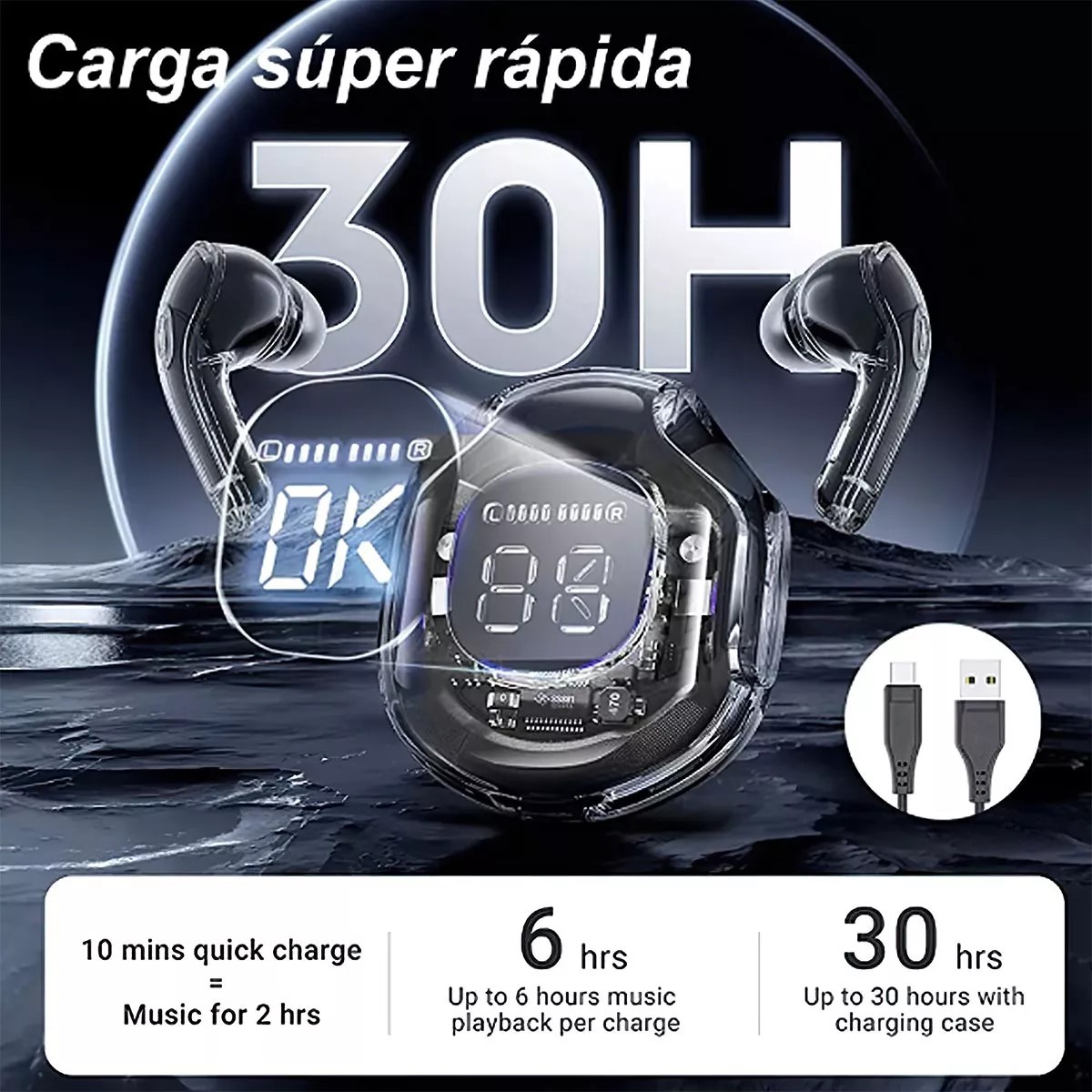 Audífonos negro auriculares inalámbricos TWS Bluetooth deportivos juegos reducción de ruido táctil