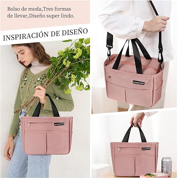 A Bolsa Del Almuerzo,con correa para el hombro Loncheras Portátil,Gran Capacidad,forro a prueba de fugas,para almuerzo, el trabajo, la oficina, para hombres, mujeres,Rosa