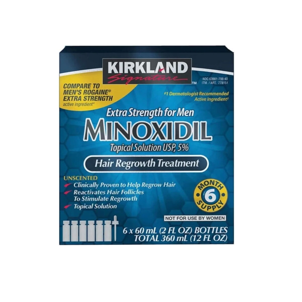 Minoxidil Kirkland 5% para crecimiento barba y cabello, tratamiento para 6 meses