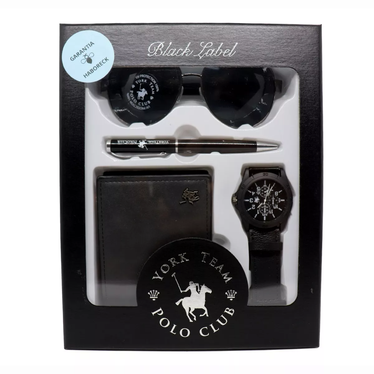 Kit Cartera Reloj Pluma Lentes negro Polo Club Set Para Regalo