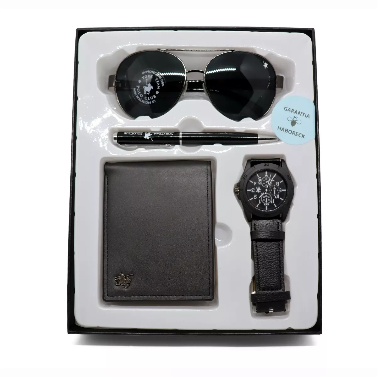 Kit Cartera Reloj Pluma Lentes negro Polo Club Set Para Regalo