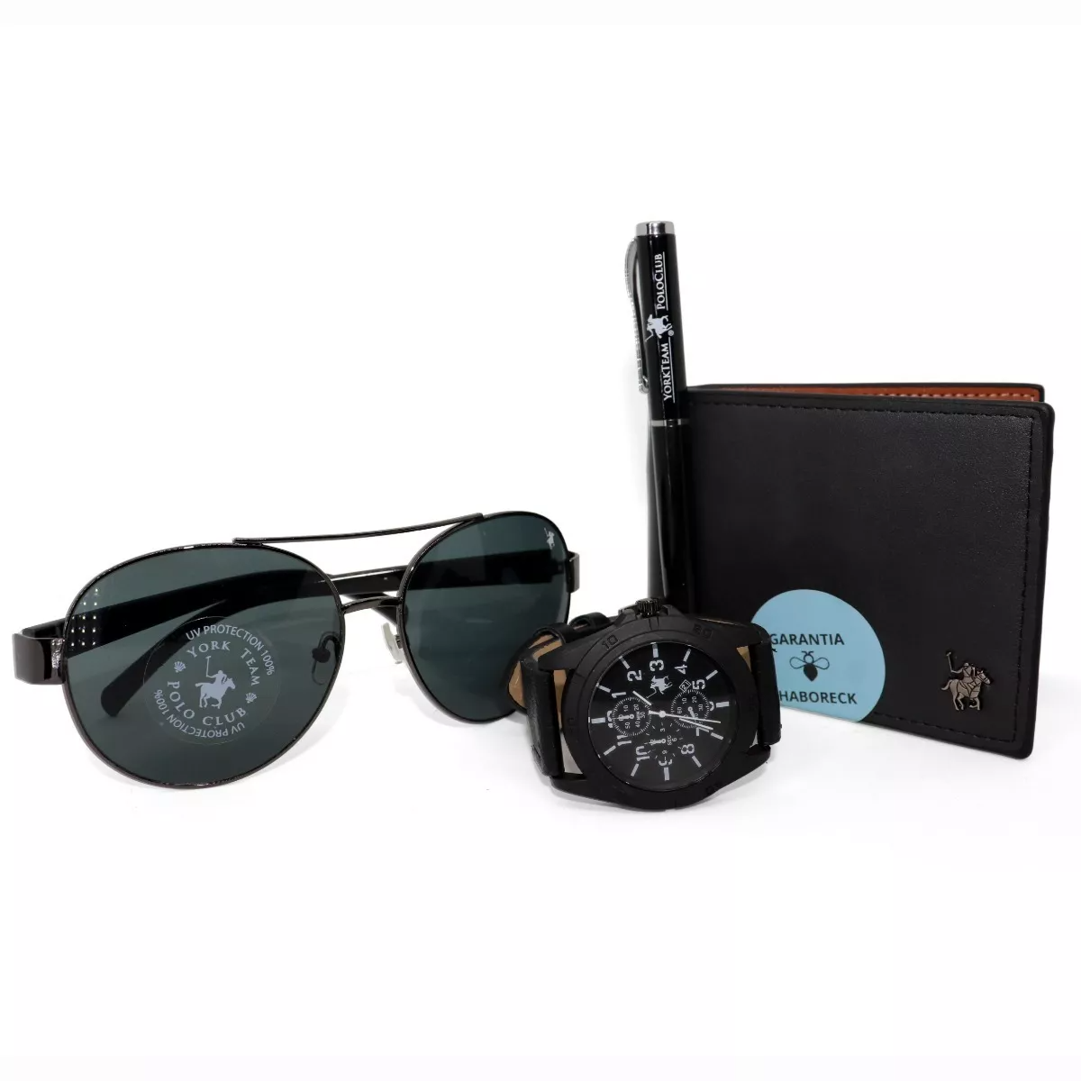 Kit Cartera Reloj Pluma Lentes negro Polo Club Set Para Regalo