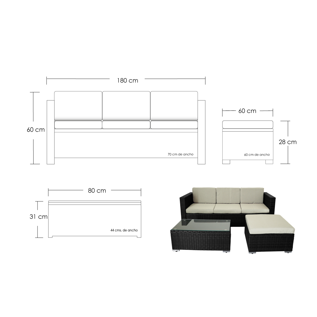 Ilios Innova Juego de Sala para jardín esquinera fabricada en mimbre sintético color negro incluye 2 sofás para exterior con cojines impermeables y 1 mesa centro de cristal templado