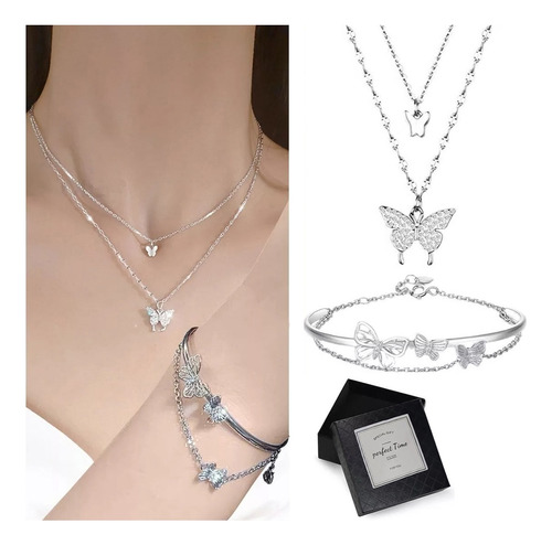 De Cadena Doble Mariposas Brillantes Collar De Mujer Joyas Color Plateado
