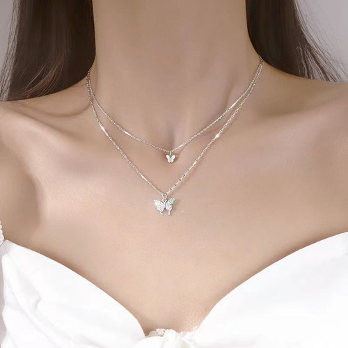 De Cadena Doble Mariposas Brillantes Collar De Mujer Joyas Color Plateado