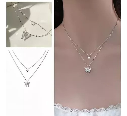 De Cadena Doble Mariposas Brillantes Collar De Mujer Joyas Color Plateado
