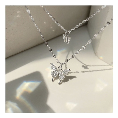 De Cadena Doble Mariposas Brillantes Collar De Mujer Joyas Color Plateado