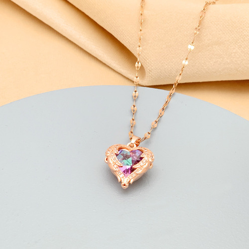 Collar Mujer Oro Rosa Corazón Elegante Dije Colgante Chapado En Oro 18 K Con Zirconia Cúbica Regalo Novia Esposa Mama Cumpleaños Aniversario