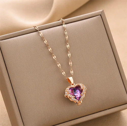 Collar Mujer Oro Rosa Corazón Elegante Dije Colgante Chapado En Oro 18 K Con Zirconia Cúbica Regalo Novia Esposa Mama Cumpleaños Aniversario