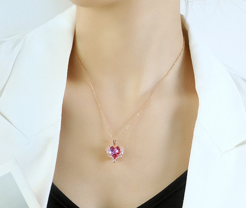 Collar Mujer Oro Rosa Corazón Elegante Dije Colgante Chapado En Oro 18 K Con Zirconia Cúbica Regalo Novia Esposa Mama Cumpleaños Aniversario