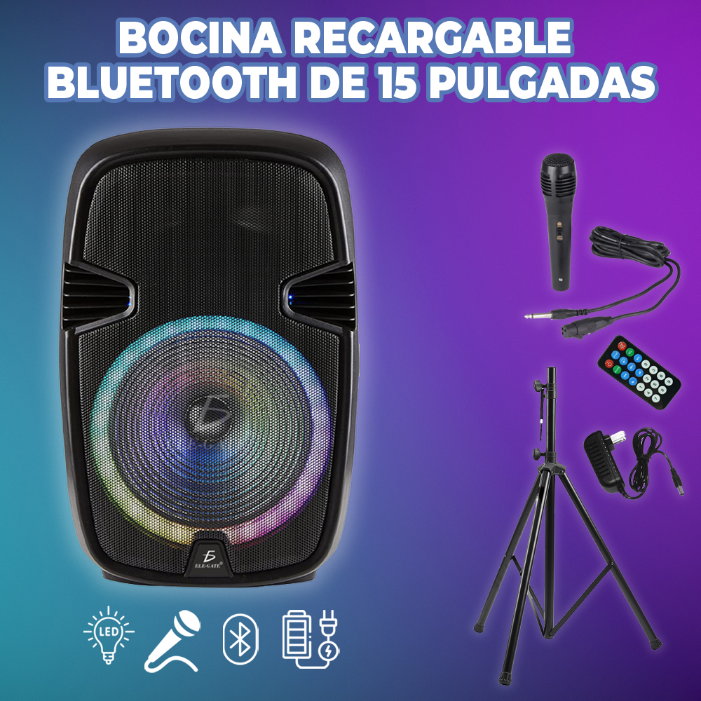 Bafle 15“ Bluetooth Inalámbrico Inteligente con Micrófono Soporte y Control Remoto Luz Led