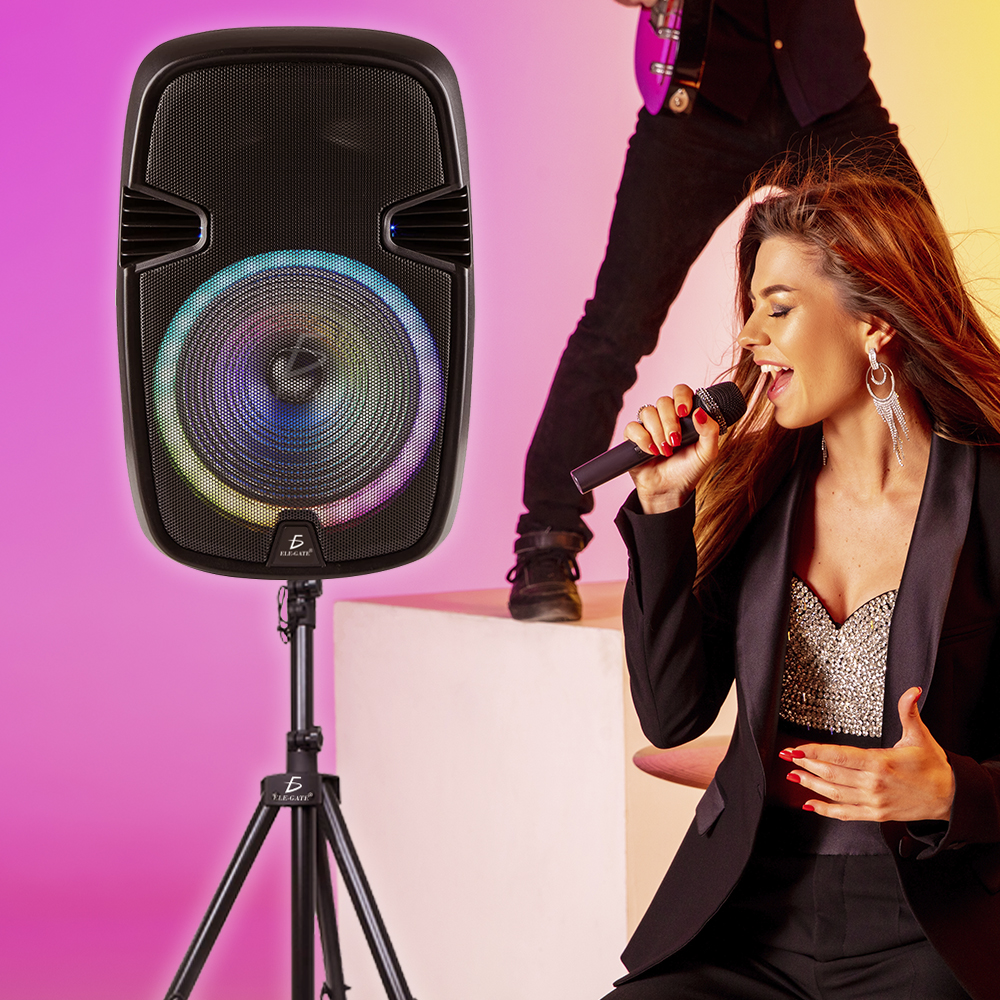 Bafle 15“ Bluetooth Inalámbrico Inteligente con Micrófono Soporte y Control Remoto Luz Led