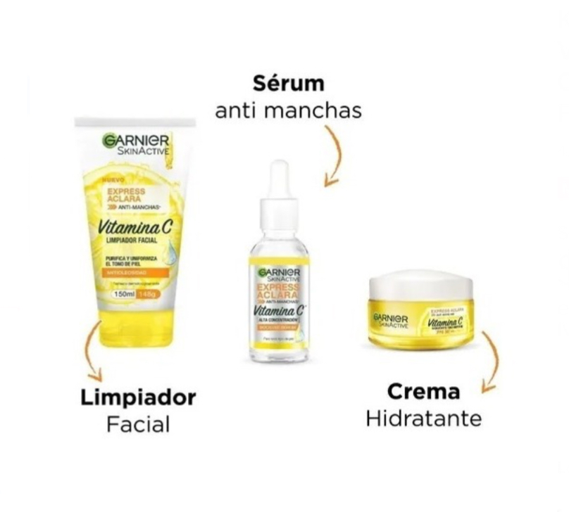 Kit Garnier Express Aclara Vitamina C: Serum Antimanchas + Crema Hidratante + Gel Limpiador Facial.