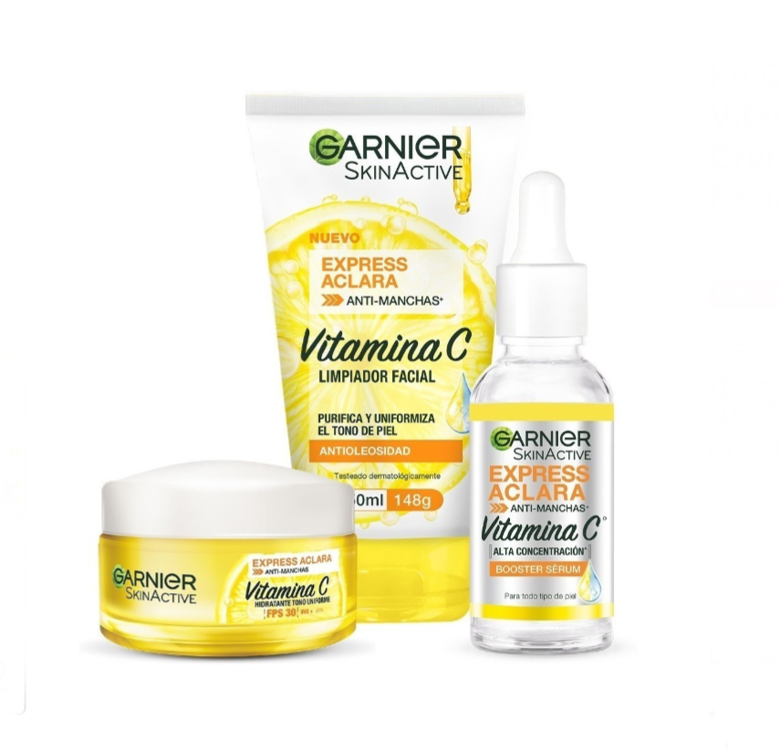 Kit Garnier Express Aclara Vitamina C: Serum Antimanchas + Crema Hidratante + Gel Limpiador Facial.