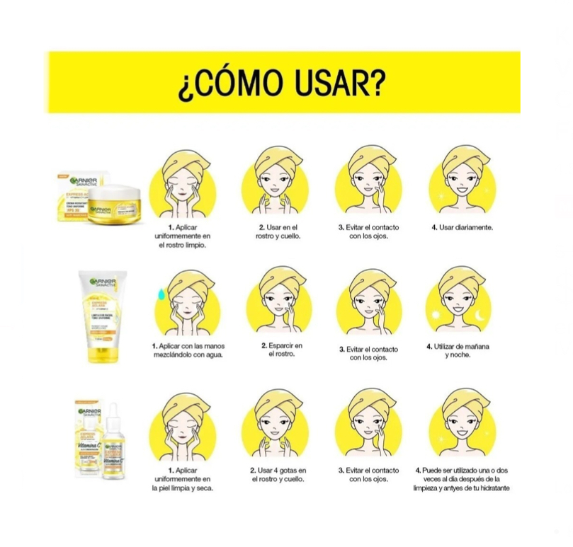 Kit Garnier Express Aclara Vitamina C: Serum Antimanchas + Crema Hidratante + Gel Limpiador Facial.