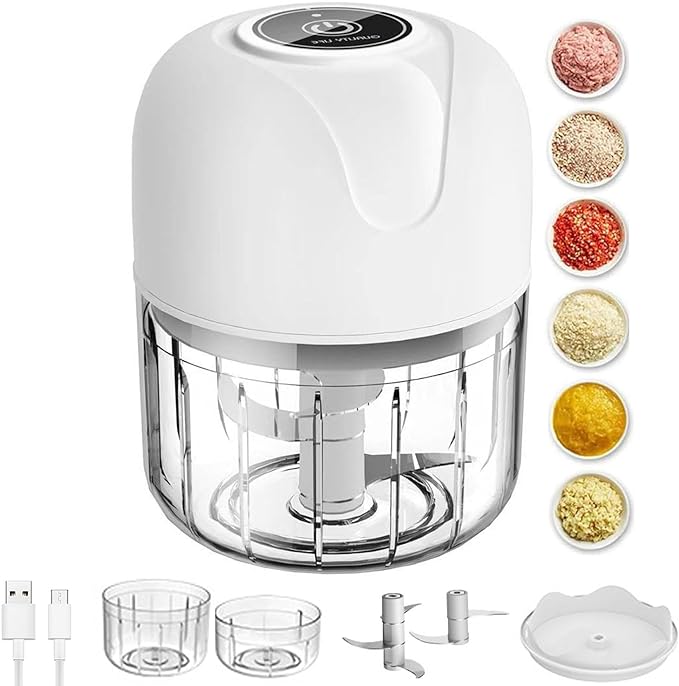 A QIANQIAO Picadora Eléctrica De Ajo, Mini Picador De Alimentos Electrico(250+150ml), Procesador De Alimentos Portátil Eléctrico 4 En 1, Para Ajo, Carne, Pimiento, Cebolla, Apio, Jengibre (Blanco).