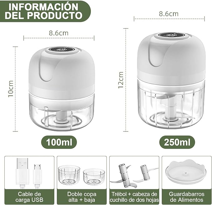 A QIANQIAO Picadora Eléctrica De Ajo, Mini Picador De Alimentos Electrico(250+150ml), Procesador De Alimentos Portátil Eléctrico 4 En 1, Para Ajo, Carne, Pimiento, Cebolla, Apio, Jengibre (Blanco).