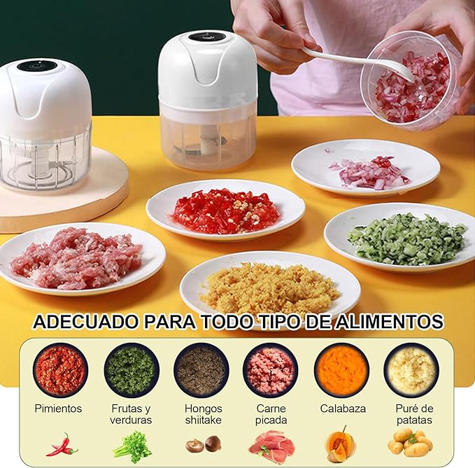 A QIANQIAO Picadora Eléctrica De Ajo, Mini Picador De Alimentos Electrico(250+150ml), Procesador De Alimentos Portátil Eléctrico 4 En 1, Para Ajo, Carne, Pimiento, Cebolla, Apio, Jengibre (Blanco).