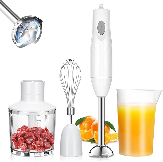 A YOMYM Licuadora de inmersión 4 en 1 de acero inoxidable con batidor, vaso medidor y tazón picador