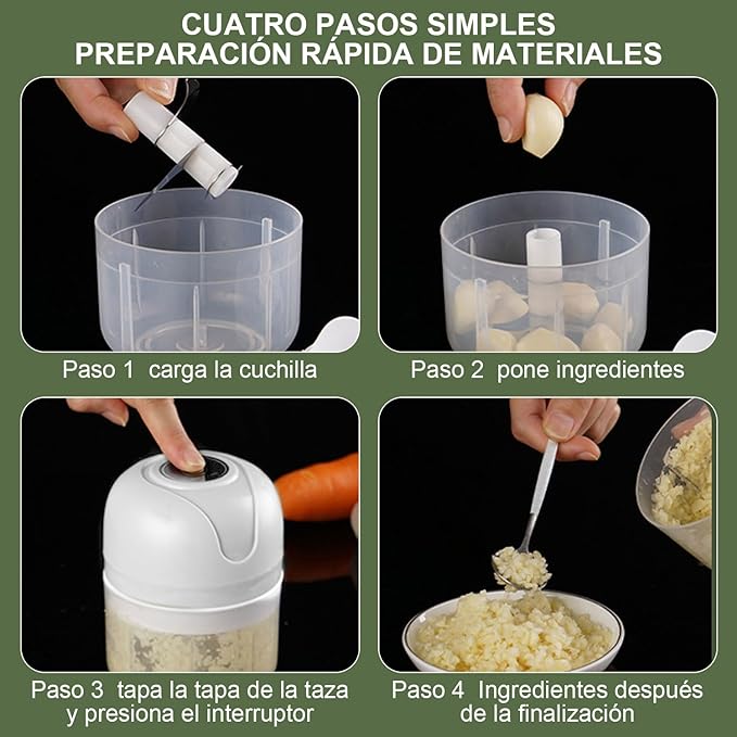 A QIANQIAO Picadora Eléctrica De Ajo, Mini Picador De Alimentos Electrico(250+150ml), Procesador De Alimentos Portátil Eléctrico 4 En 1, Para Ajo, Carne, Pimiento, Cebolla, Apio, Jengibre (Blanco).