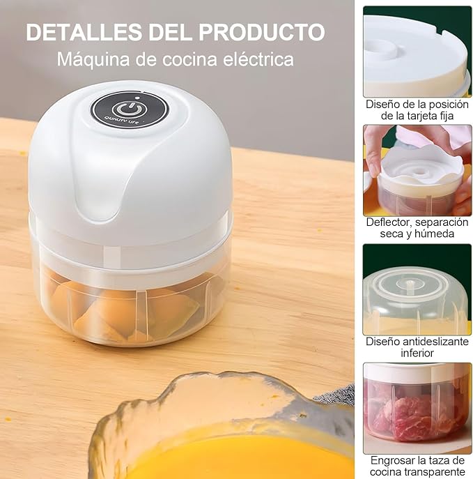 A QIANQIAO Picadora Eléctrica De Ajo, Mini Picador De Alimentos Electrico(250+150ml), Procesador De Alimentos Portátil Eléctrico 4 En 1, Para Ajo, Carne, Pimiento, Cebolla, Apio, Jengibre (Blanco).