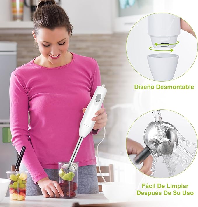 A YOMYM Licuadora de inmersión 4 en 1 de acero inoxidable con batidor, vaso medidor y tazón picador