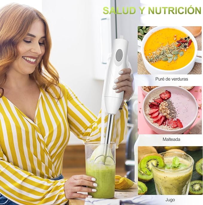 A YOMYM Licuadora de inmersión 4 en 1 de acero inoxidable con batidor, vaso medidor y tazón picador