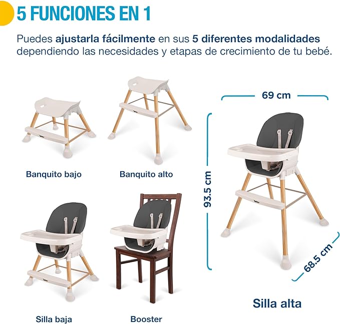 A SHIMY Silla para Bebé 5 en 1 con Bandeja para Comer, Periquera con 5 Funciones Diferentes y Cinturón de Seguridad Ajustable, Silla Alta Periquera Portátil para Niños de 6 a 36 Meses, Altura Ajustable