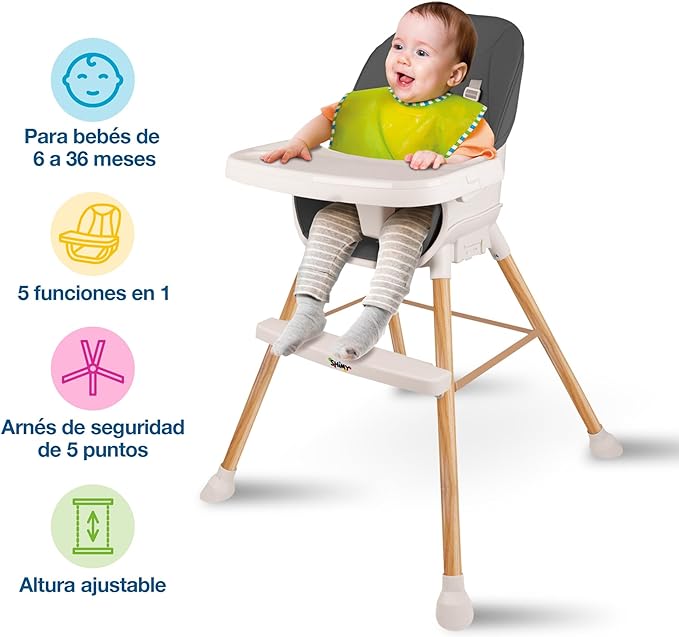 A SHIMY Silla para Bebé 5 en 1 con Bandeja para Comer, Periquera con 5 Funciones Diferentes y Cinturón de Seguridad Ajustable, Silla Alta Periquera Portátil para Niños de 6 a 36 Meses, Altura Ajustable