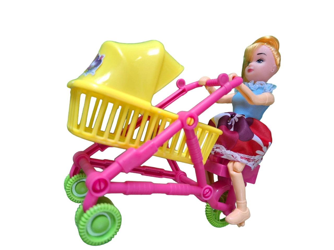 Bonito Juguete De Cuerda Muñeca Avanza Con Carrito Carreola Color Amarillo