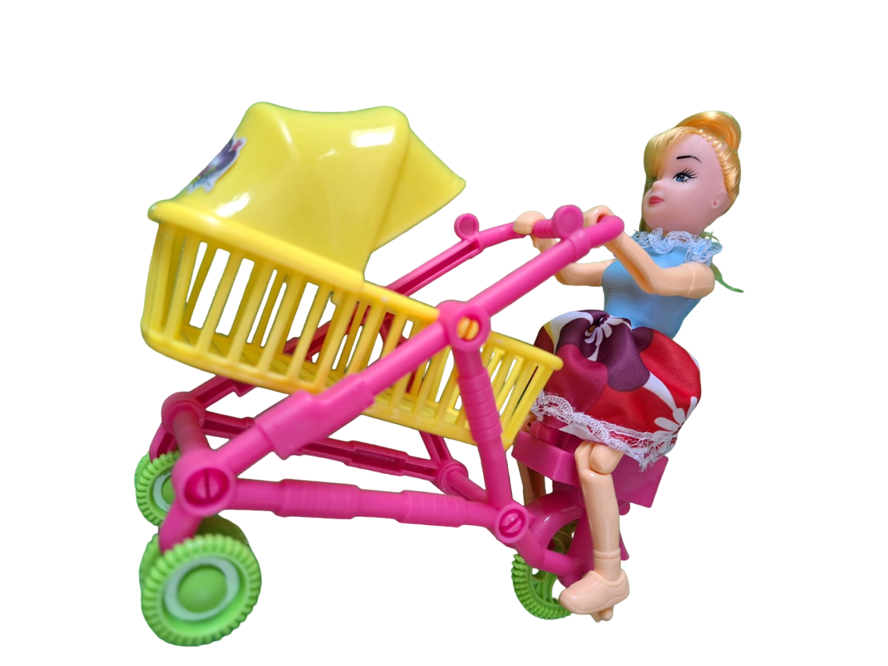 Bonito Juguete De Cuerda Muñeca Avanza Con Carrito Carreola Color Amarillo