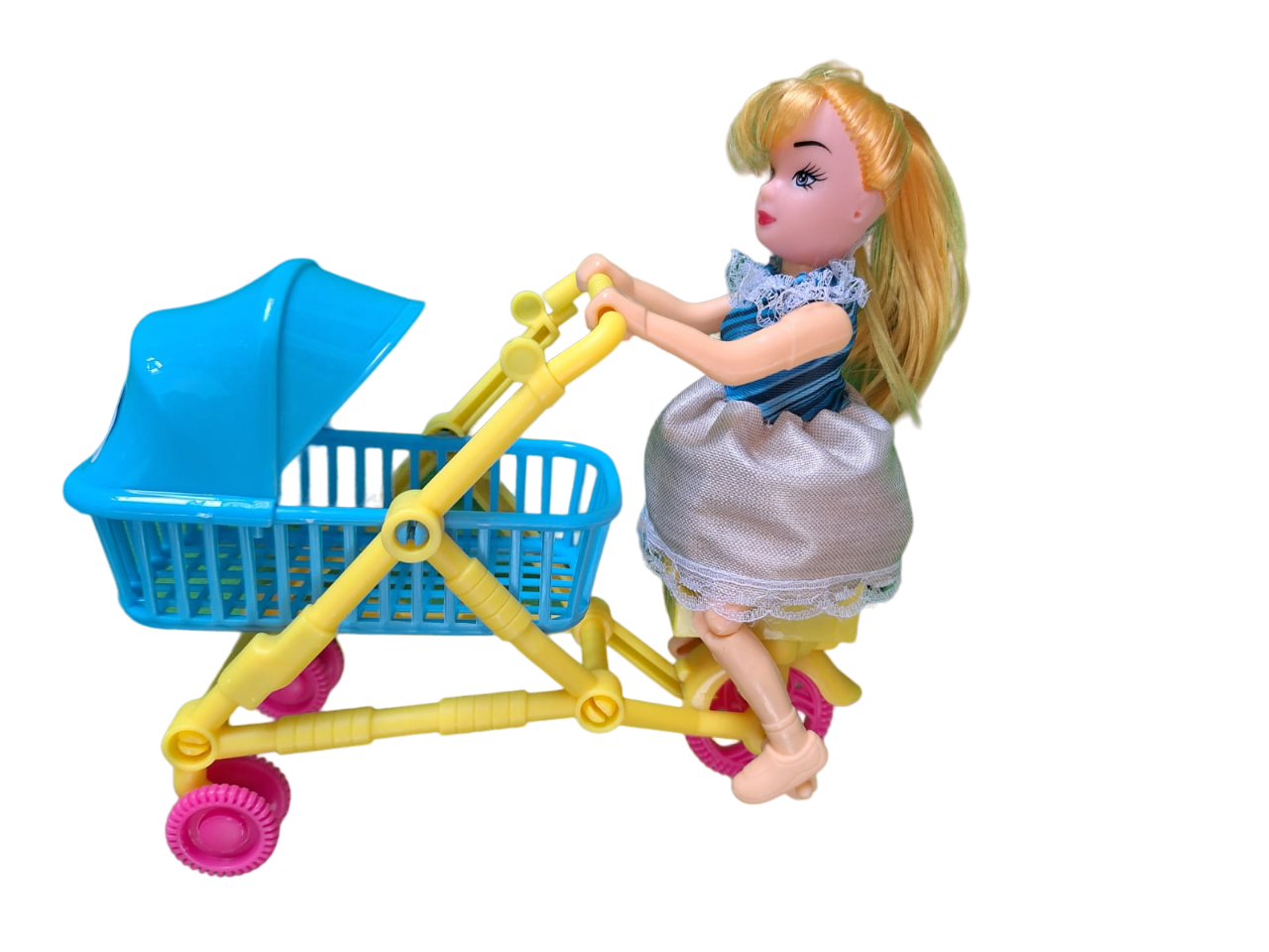 Bonito Juguete De Cuerda Muñeca Avanza Con Carrito Carreola Color Azul