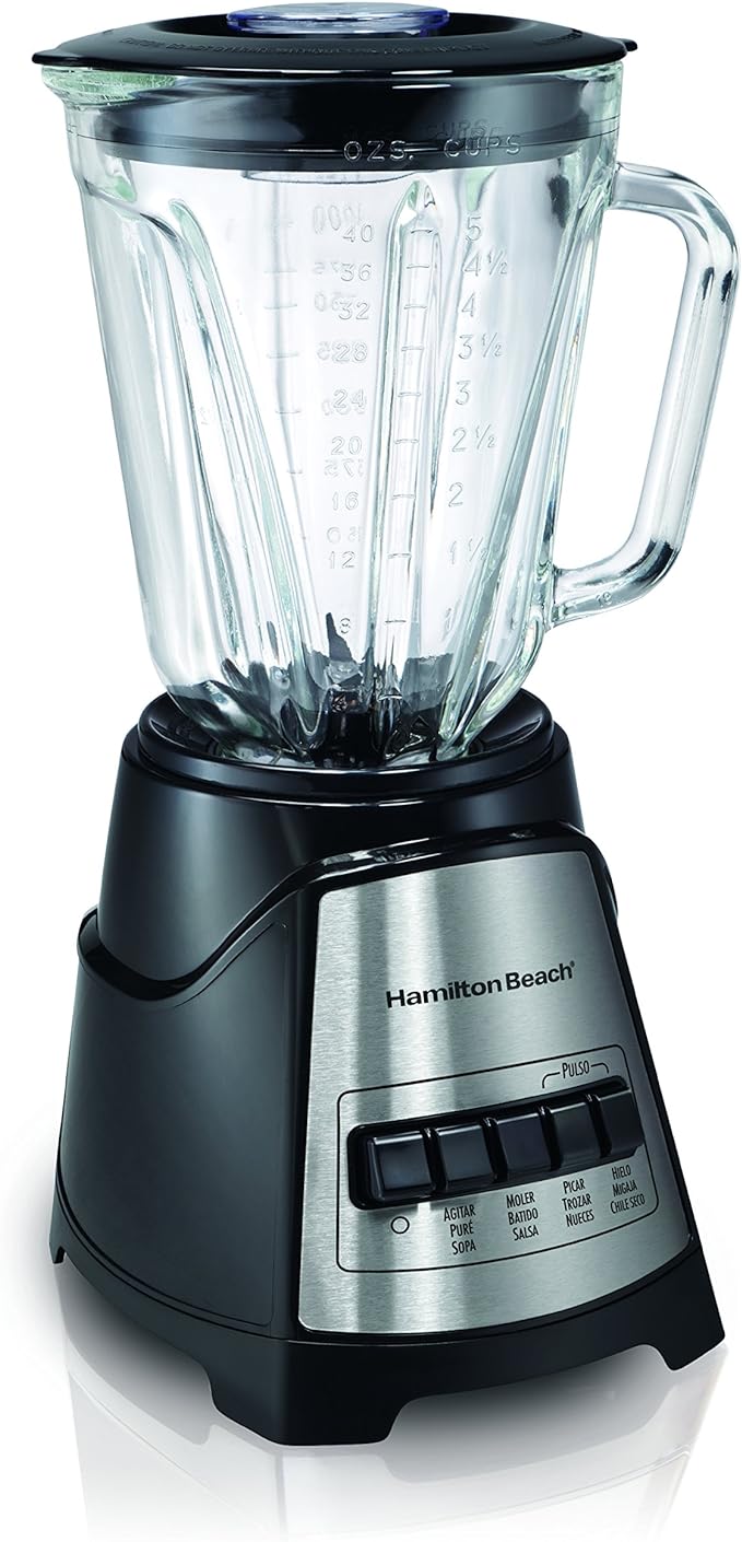 A Hamilton Beach Licuadora Power Elite, con 12 Funciones, Vaso de Vidrio, 1.2 Litros, Negra (58148-MXR)