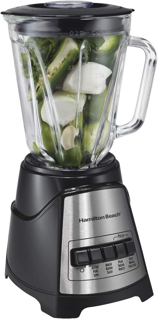 A Hamilton Beach Licuadora Power Elite, con 12 Funciones, Vaso de Vidrio, 1.2 Litros, Negra (58148-MXR)