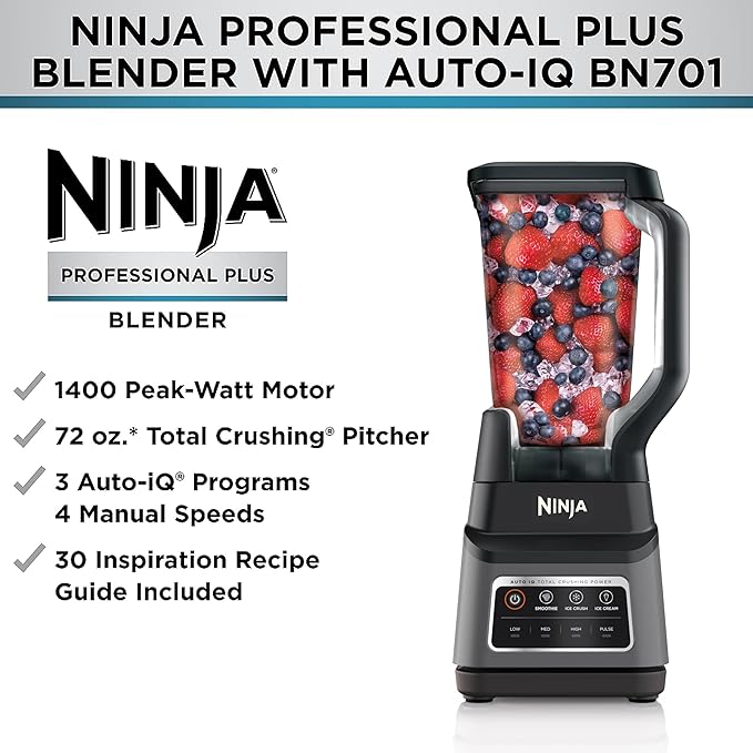 A Ninja - Licuadora BN701 Professional Plus, 1400 vatios máximos, 3 funciones para batidos, bebidas congeladas y helados con Auto IQ, jarra y tapa de trituración total de 72 onzas*, gris oscuro