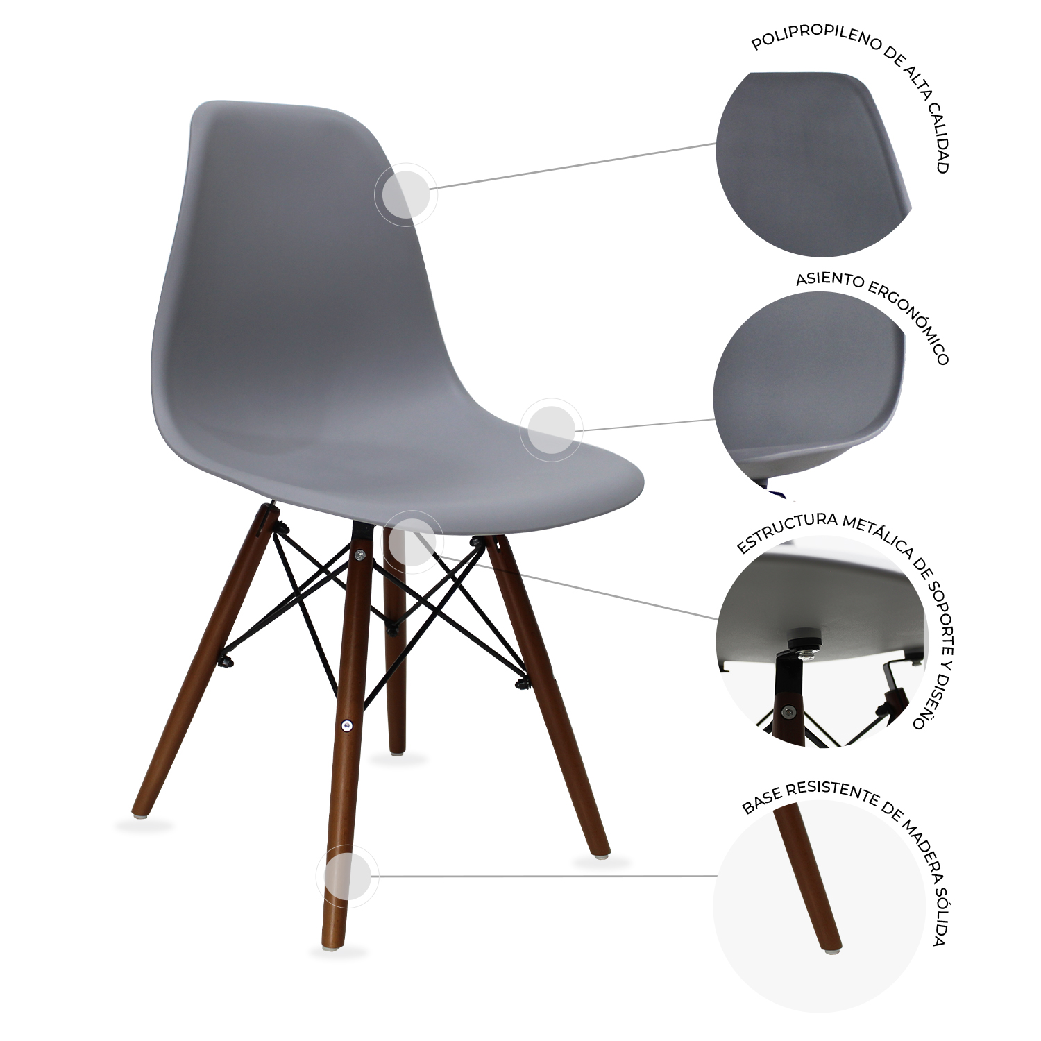 Set Comedor cristal redondo 80cm y 4 sillas Eames Gris nogal Mundo In.