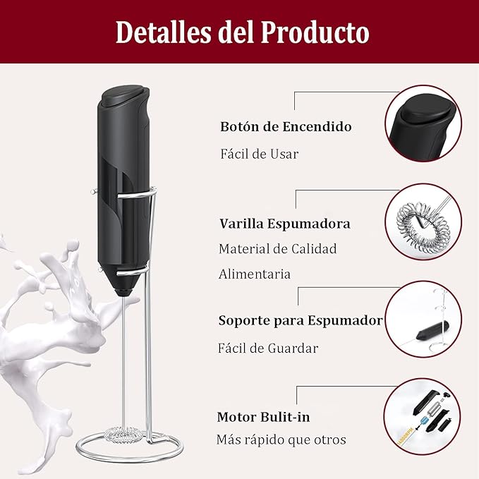 A PUBUNUS Espumador de Leche Eléctrico, Batidora Leche Espuma Manual Hecho con Soporte de Acero Inoxidable, Mini Batidora Portátil, Ideal para Café, Jugo, Capuchino, Chocolate, Funciona con dos Pilas AA (Baterías no incluidas)