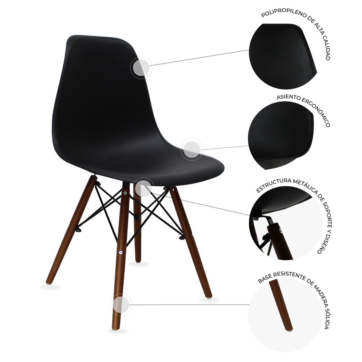 Set Comedor cristal redondo 80cm y 4 sillas Eames Negro nogal Mundo In.