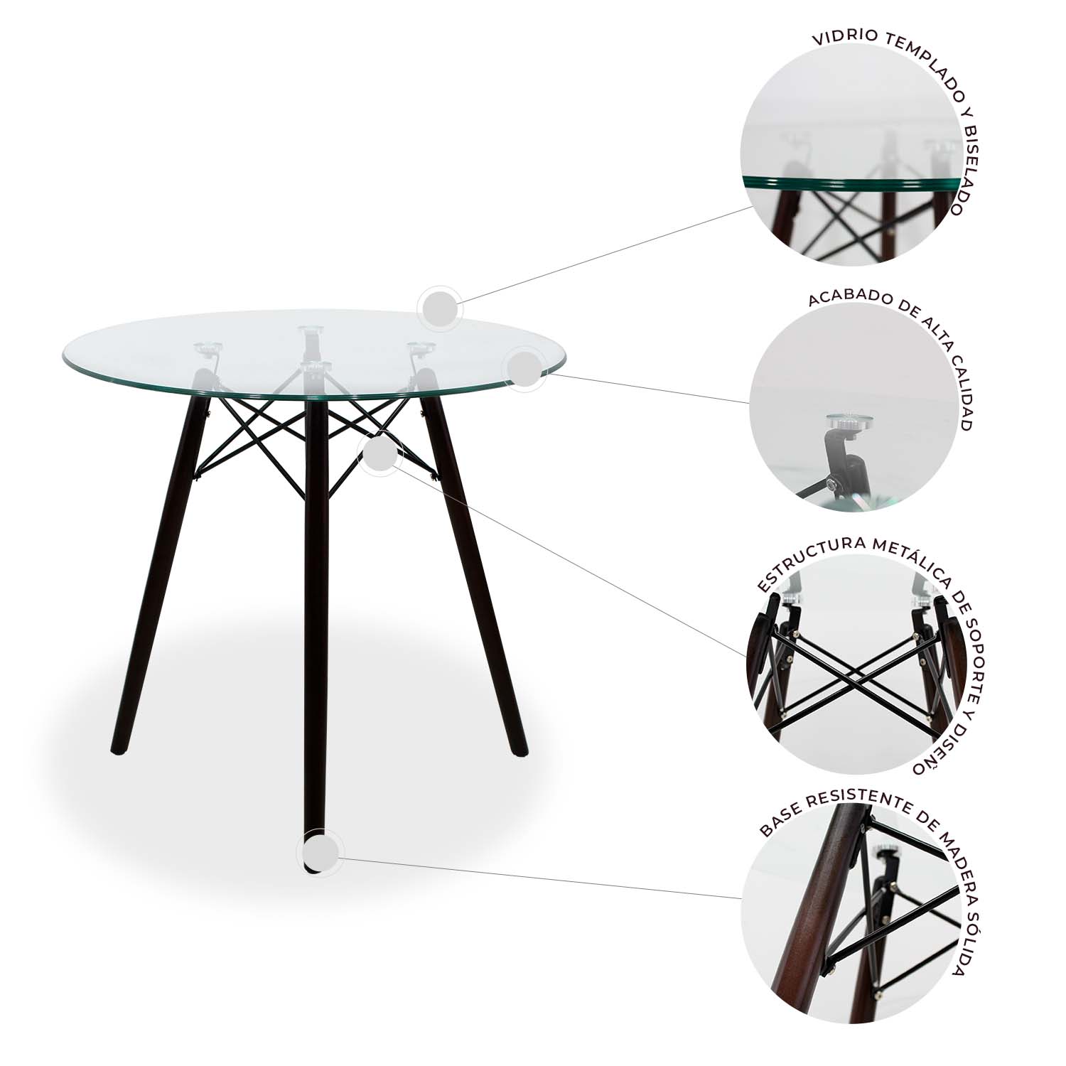 Set Comedor cristal redondo 80cm y 4 sillas Eames Negro nogal Mundo In.