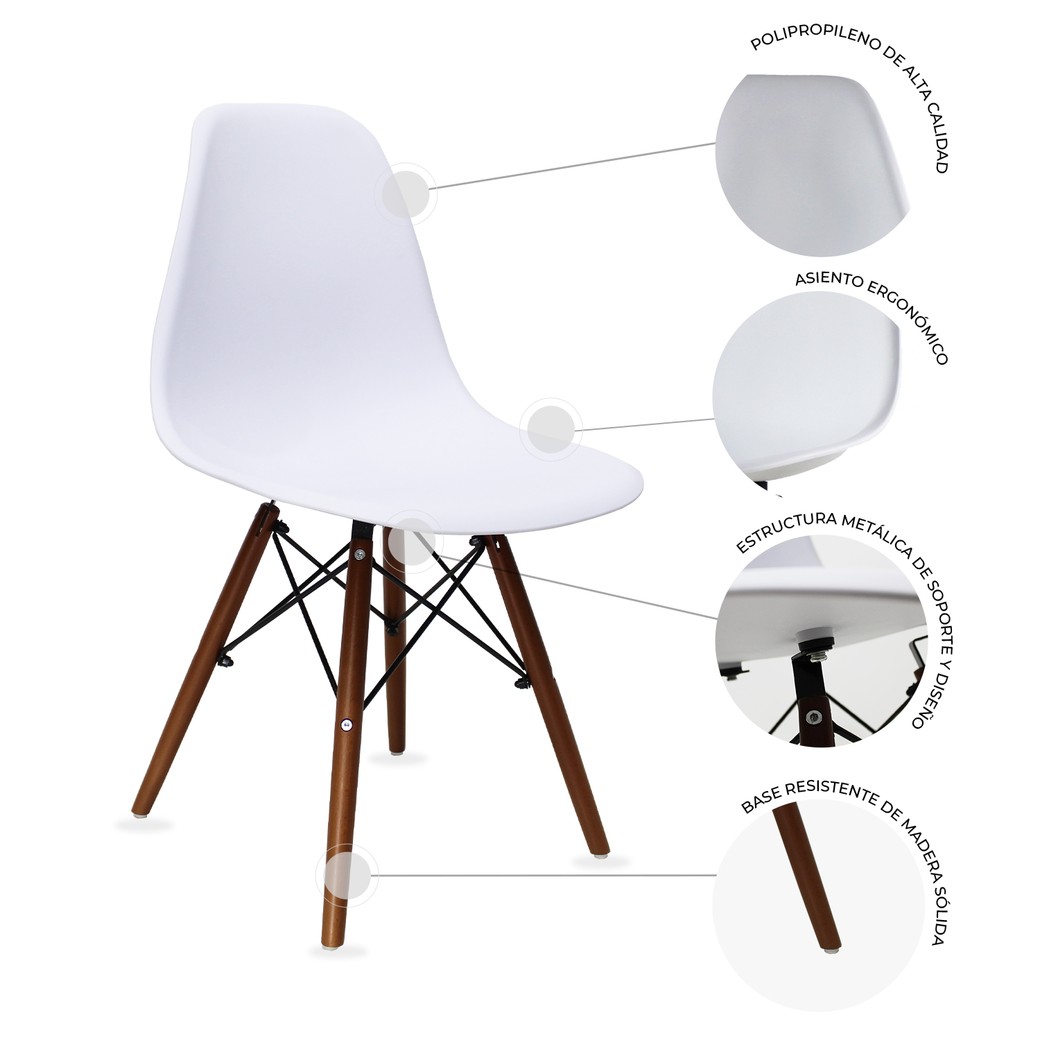 Set Comedor cristal redondo 80cm- 4 sillas Eames Blanco nogal Mundo In.