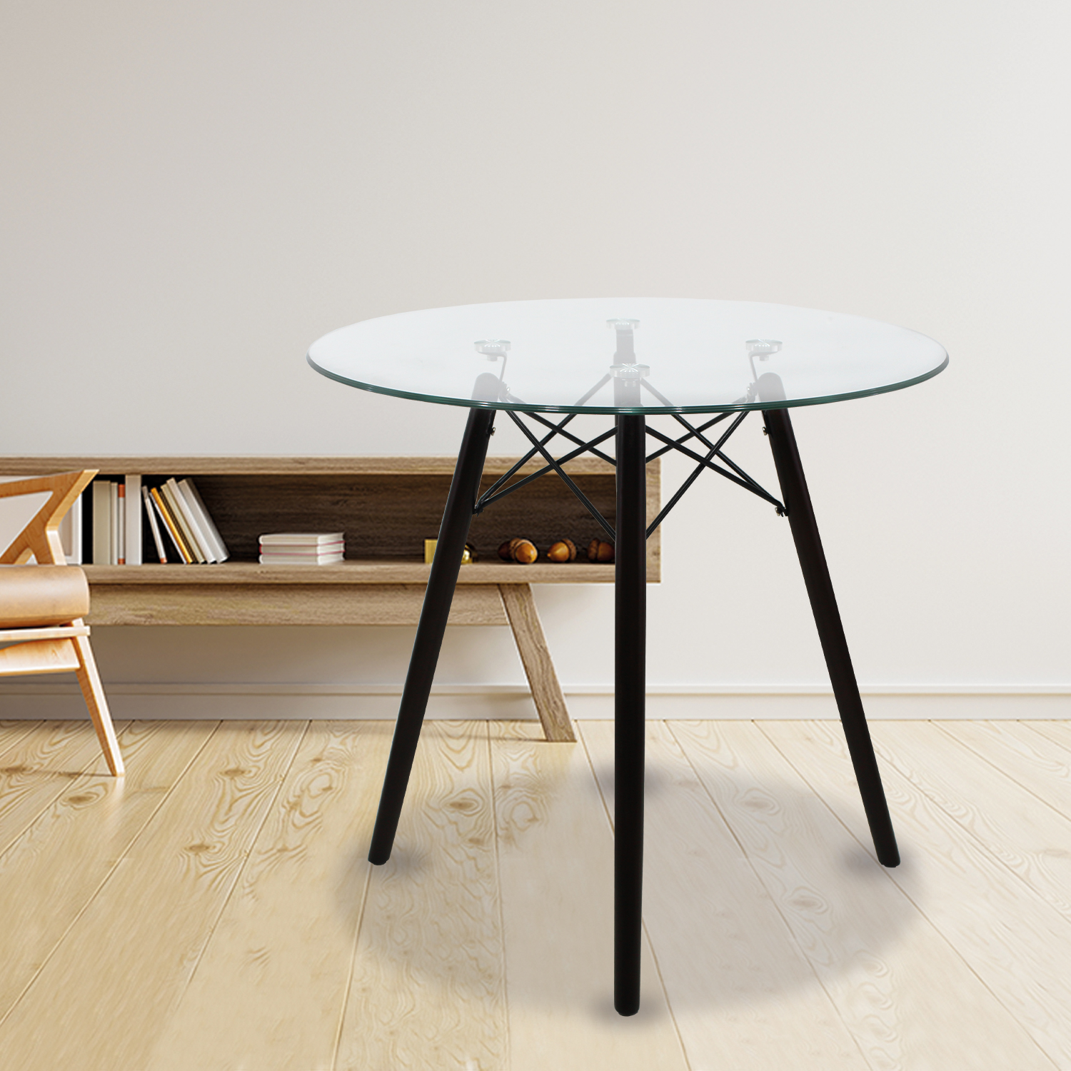 Set Comedor cristal redondo 80cm- 4 sillas Eames Blanco nogal Mundo In.