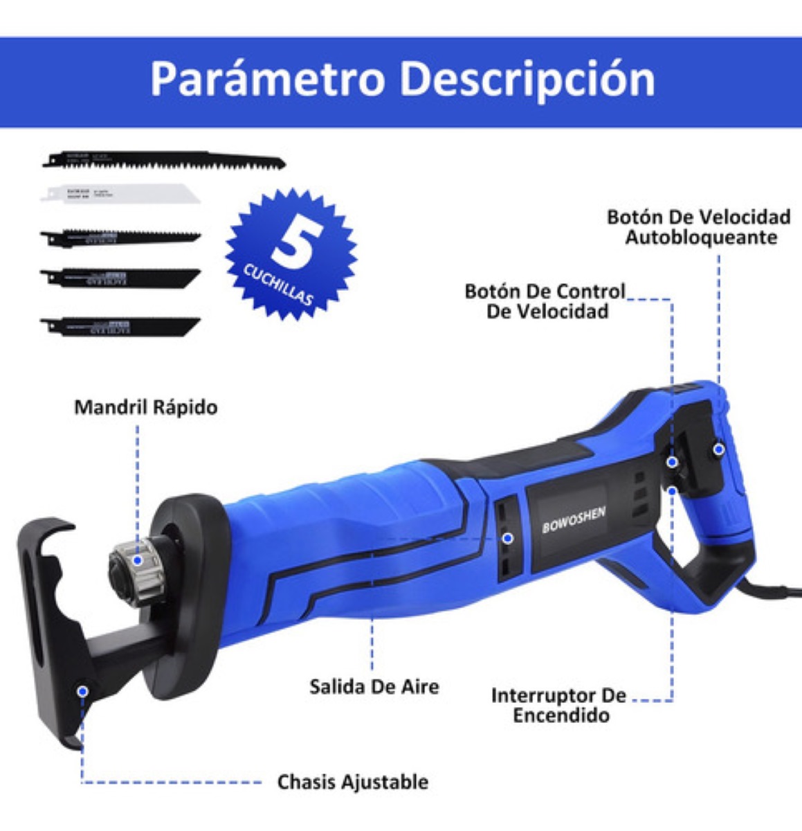 Sierra Reciproca Eléctrica Sable Velocidad Con 5 Seguetas